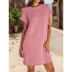 Women's Pocket Roll-Sleeve Dress - Casual Midi with Relaxed Fit