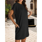 Women's Pocket Roll-Sleeve Dress - Casual Midi with Relaxed Fit