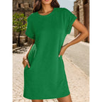 Women's Pocket Roll-Sleeve Dress - Casual Midi with Relaxed Fit