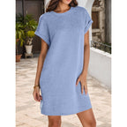 Women's Pocket Roll-Sleeve Dress - Casual Midi with Relaxed Fit