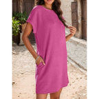 Women's Pocket Roll-Sleeve Dress - Casual Midi with Relaxed Fit