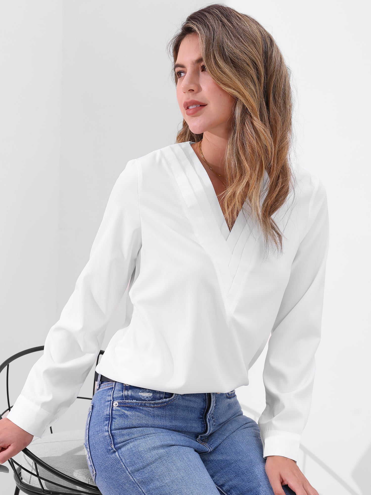 Women's V-Neck Long Sleeve Blouse - Double Layer Solid Business Casual