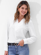Women's V-Neck Long Sleeve Blouse - Double Layer Solid Business Casual