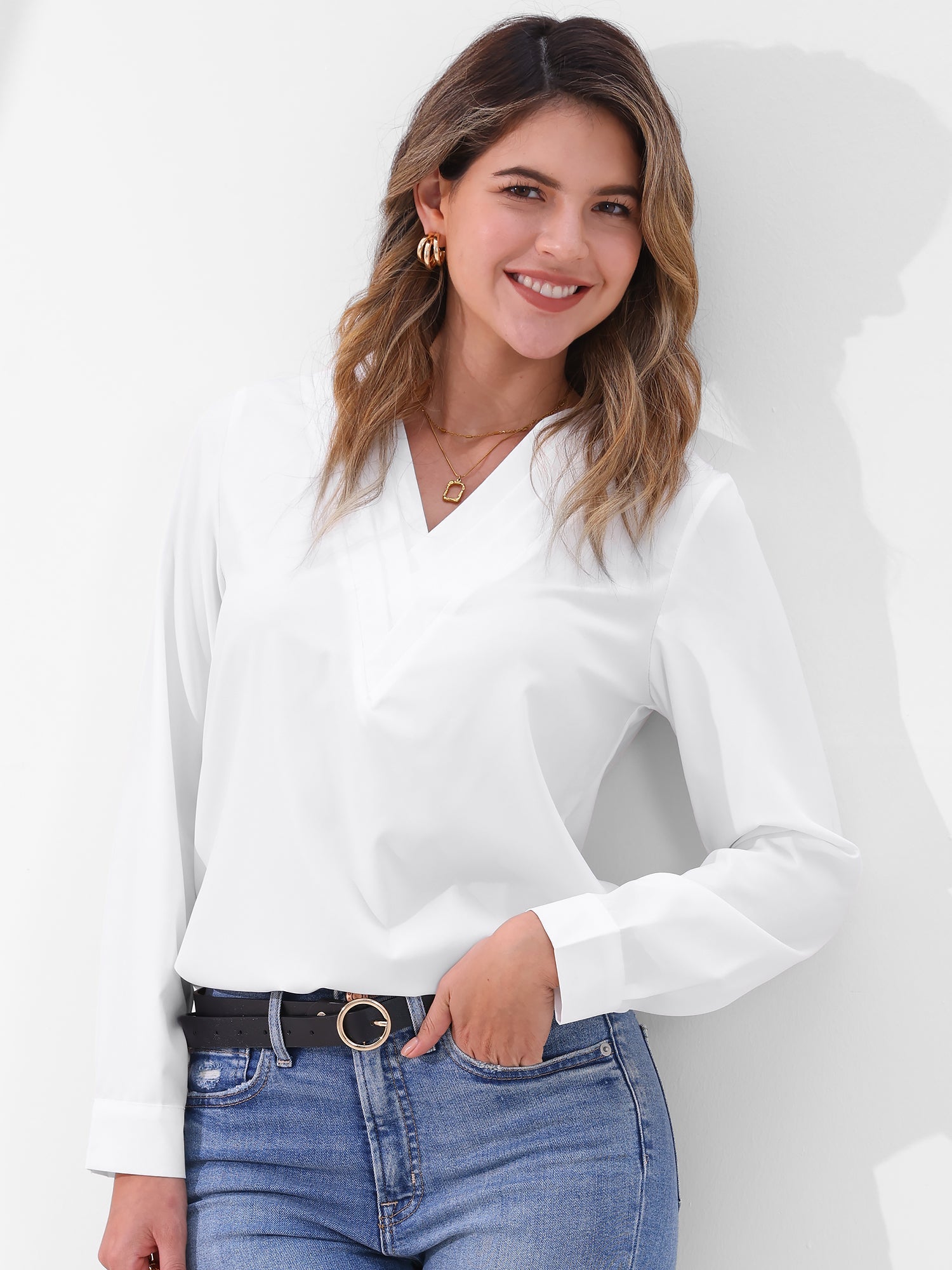 Women's V-Neck Long Sleeve Blouse - Double Layer Solid Business Casual