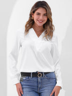 Women's V-Neck Long Sleeve Blouse - Double Layer Solid Business Casual