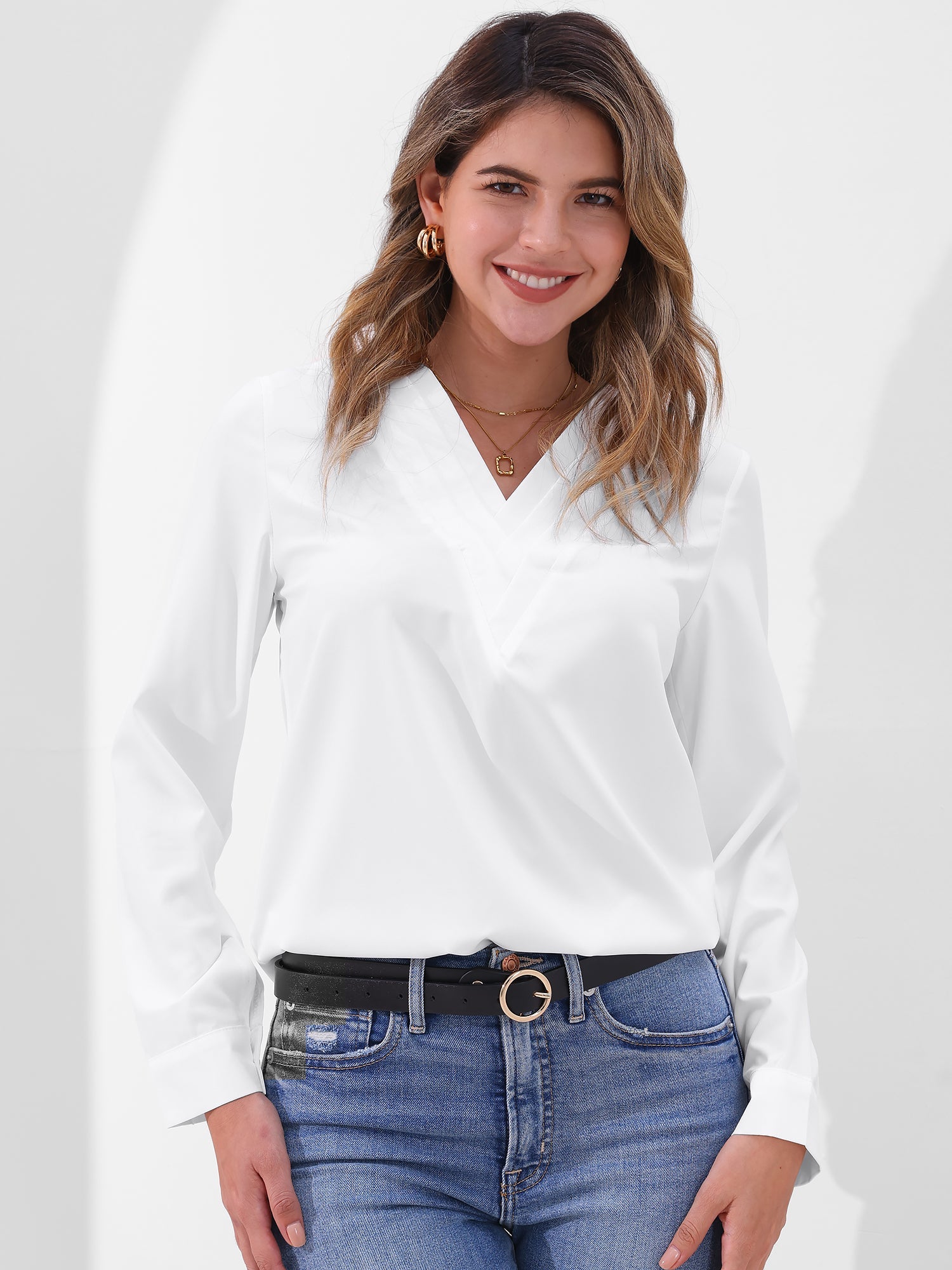 Women's V-Neck Long Sleeve Blouse - Double Layer Solid Business Casual