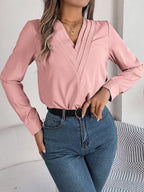 Women's V-Neck Long Sleeve Blouse - Double Layer Solid Business Casual