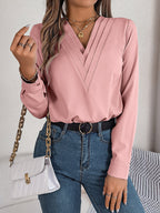 Women's V-Neck Long Sleeve Blouse - Double Layer Solid Business Casual