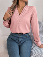 Women's V-Neck Long Sleeve Blouse - Double Layer Solid Business Casual