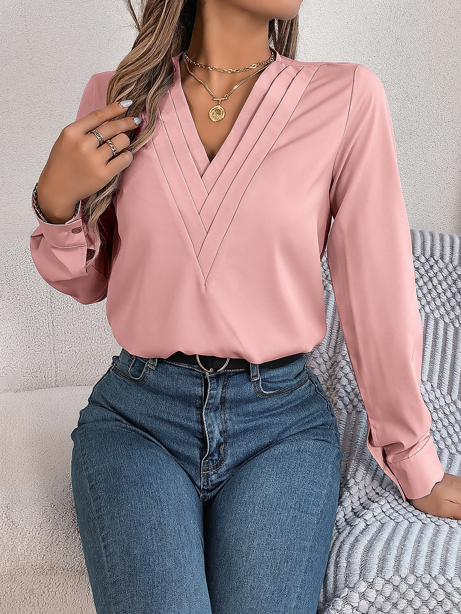 Women's V-Neck Long Sleeve Blouse - Double Layer Solid Business Casual