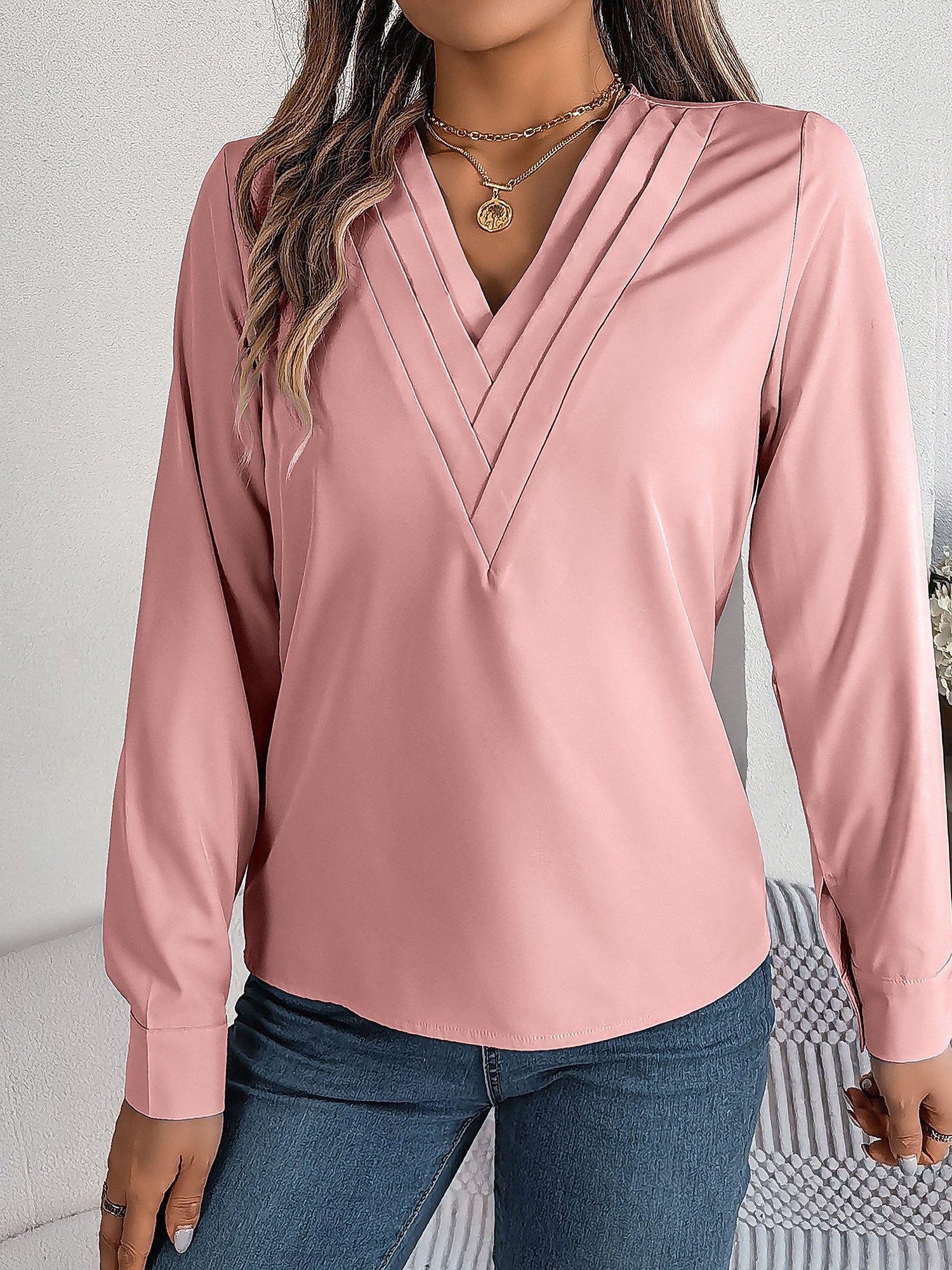 Women's V-Neck Long Sleeve Blouse - Double Layer Solid Business Casual
