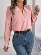 Women's V-Neck Long Sleeve Blouse - Double Layer Solid Business Casual