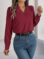 Women's V-Neck Long Sleeve Blouse - Double Layer Solid Business Casual