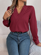 Women's V-Neck Long Sleeve Blouse - Double Layer Solid Business Casual