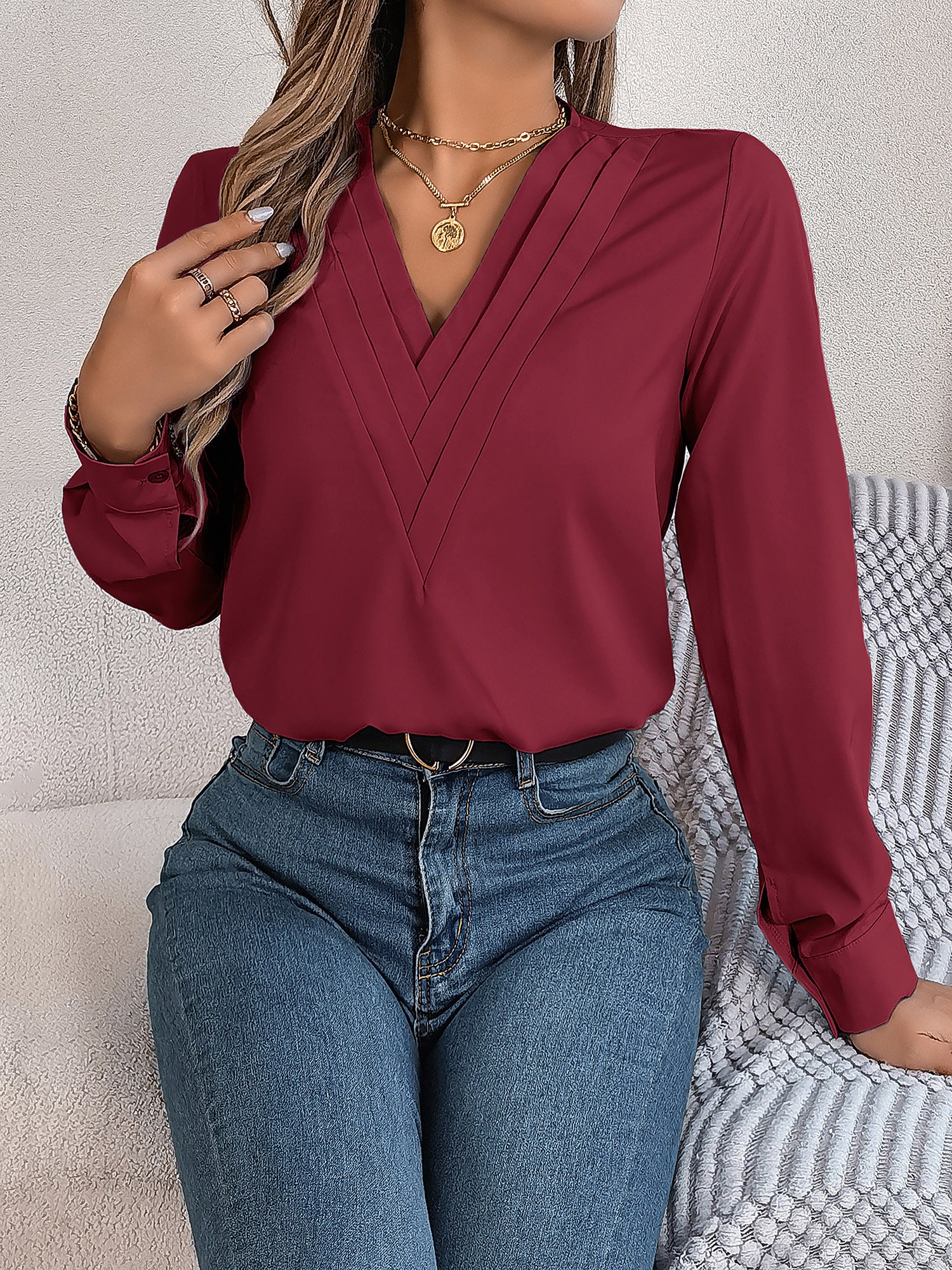 Women's V-Neck Long Sleeve Blouse - Double Layer Solid Business Casual
