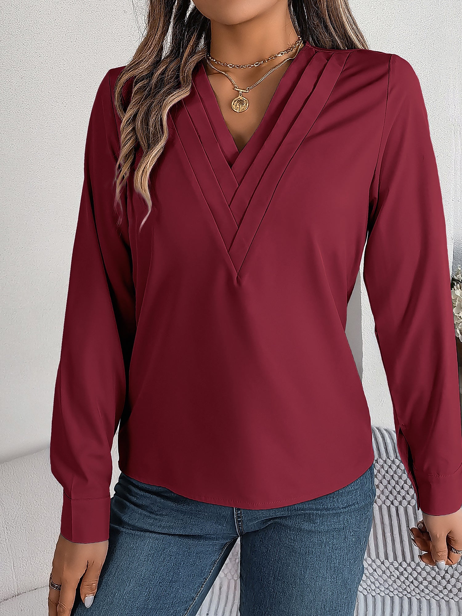 Women's V-Neck Long Sleeve Blouse - Double Layer Solid Business Casual