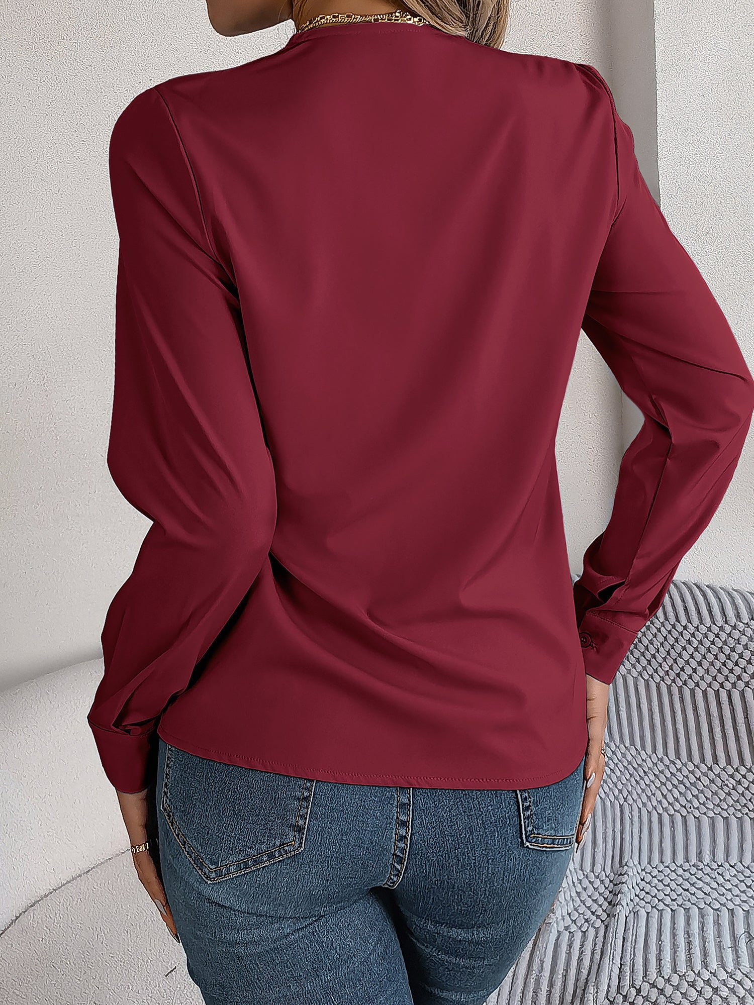 Women's V-Neck Long Sleeve Blouse - Double Layer Solid Business Casual