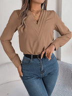 Women's V-Neck Long Sleeve Blouse - Double Layer Solid Business Casual