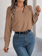 Women's V-Neck Long Sleeve Blouse - Double Layer Solid Business Casual