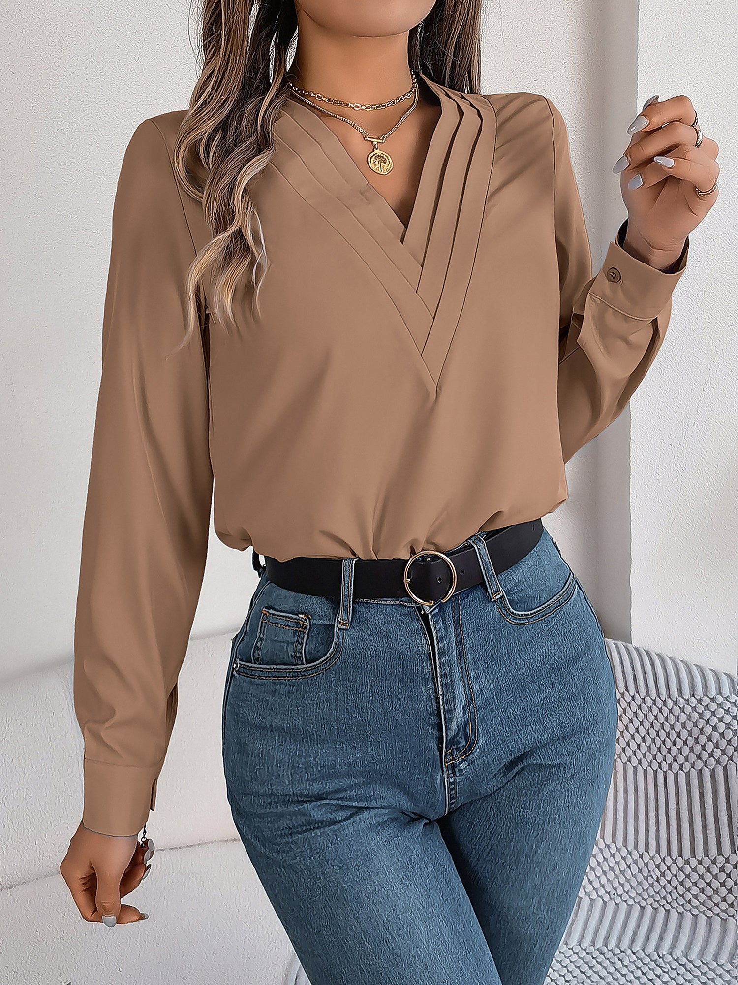 Women's V-Neck Long Sleeve Blouse - Double Layer Solid Business Casual