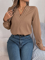 Women's V-Neck Long Sleeve Blouse - Double Layer Solid Business Casual