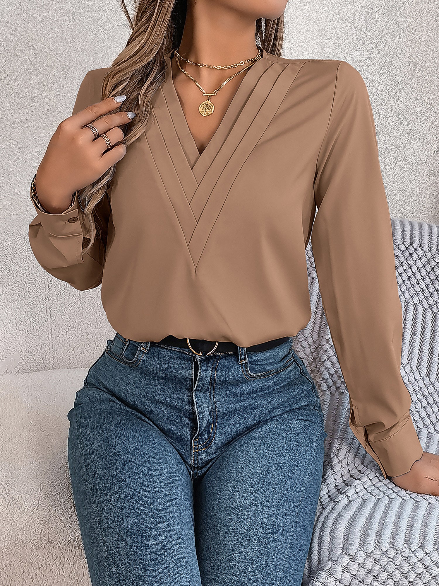 Women's V-Neck Long Sleeve Blouse - Double Layer Solid Business Casual