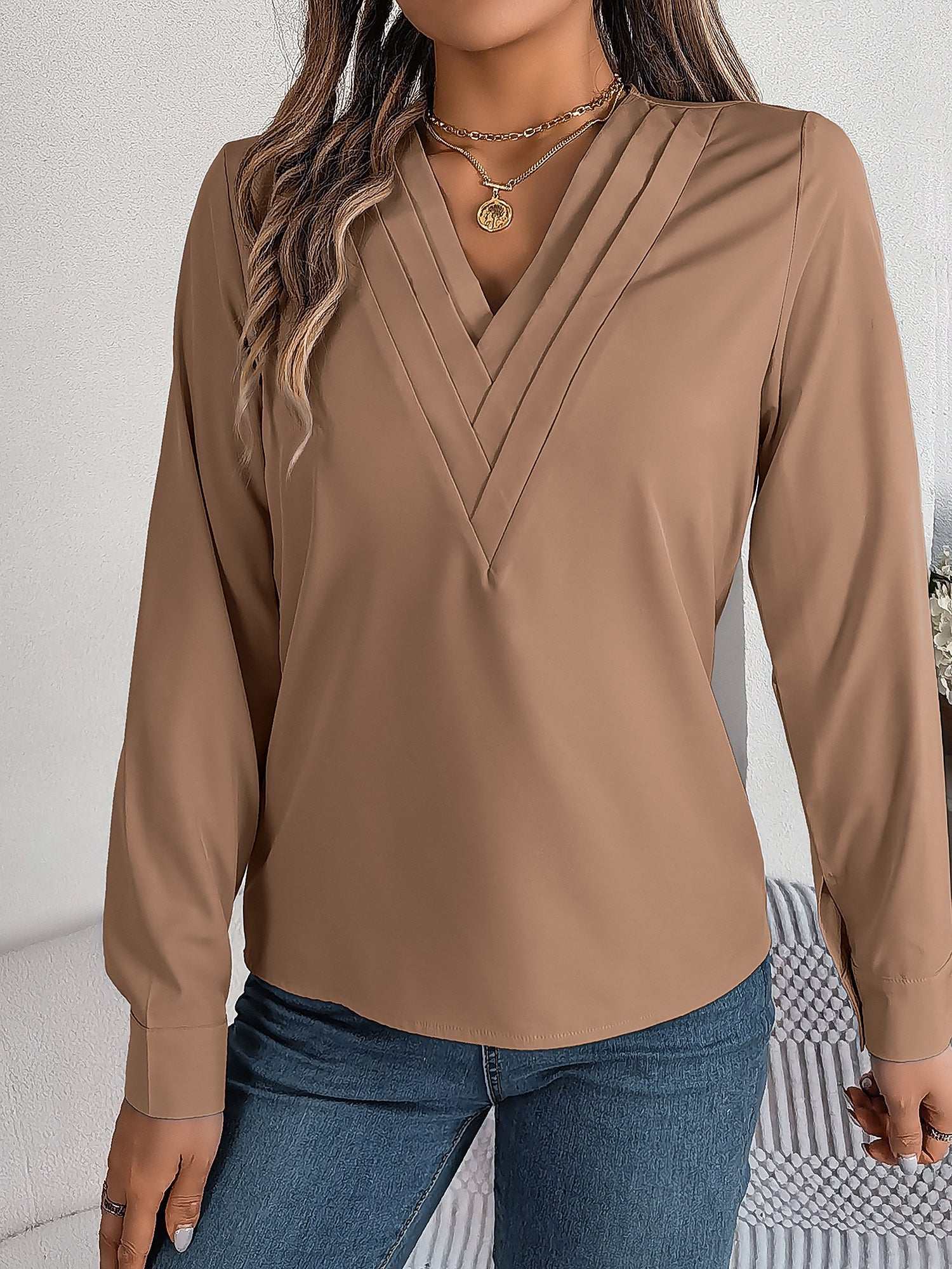 Women's V-Neck Long Sleeve Blouse - Double Layer Solid Business Casual
