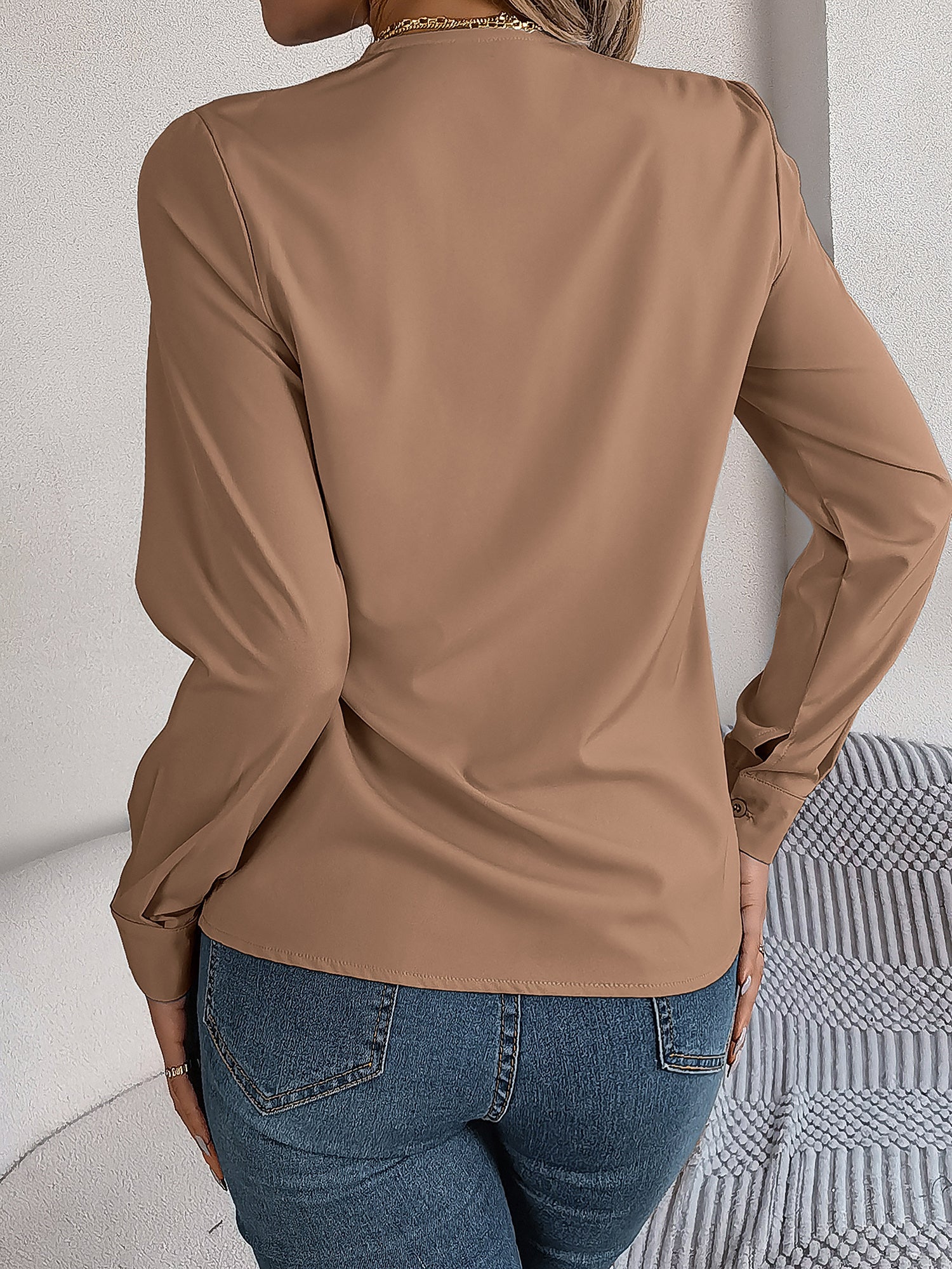 Women's V-Neck Long Sleeve Blouse - Double Layer Solid Business Casual