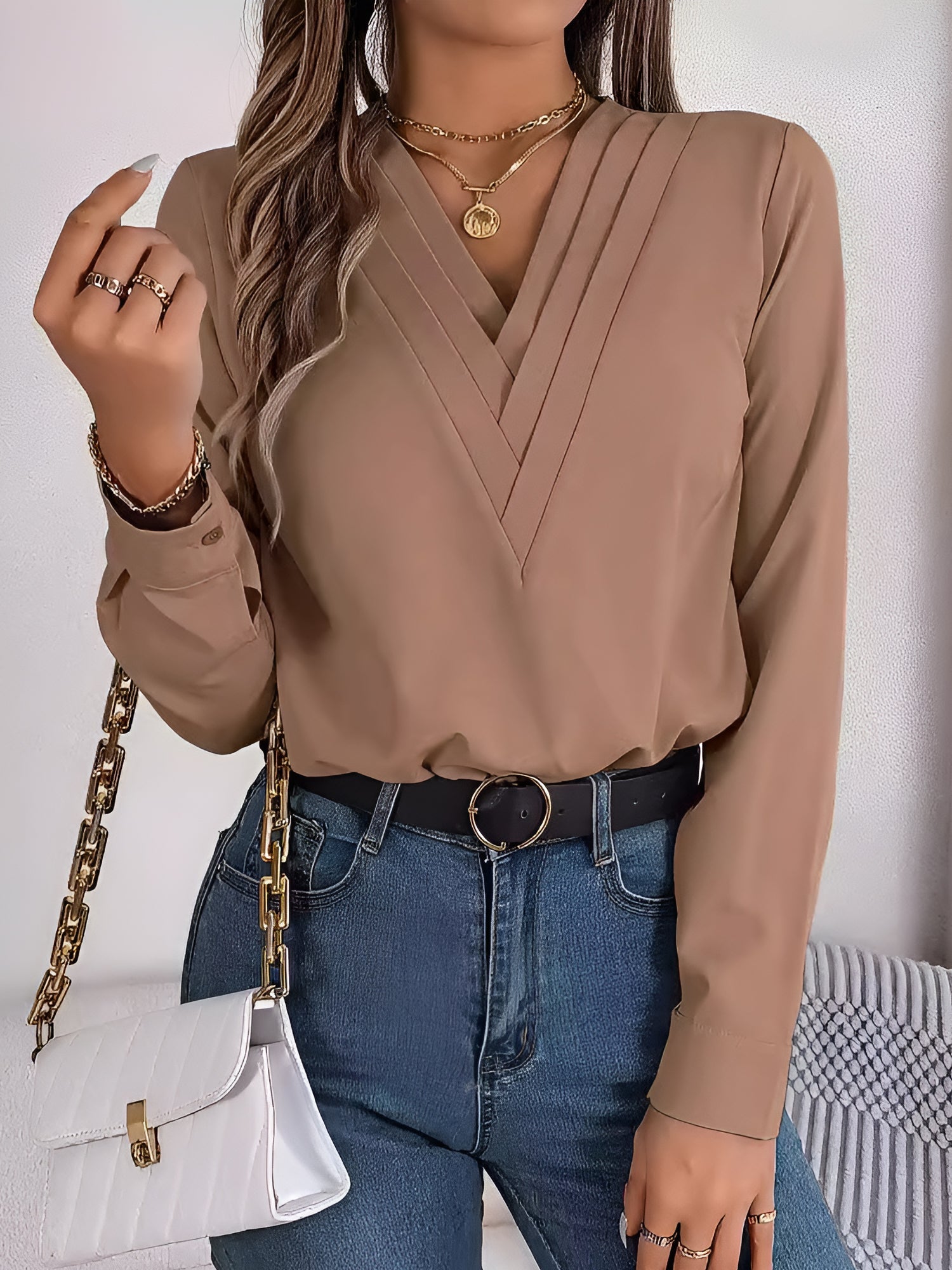 Women's V-Neck Long Sleeve Blouse - Double Layer Solid Business Casual