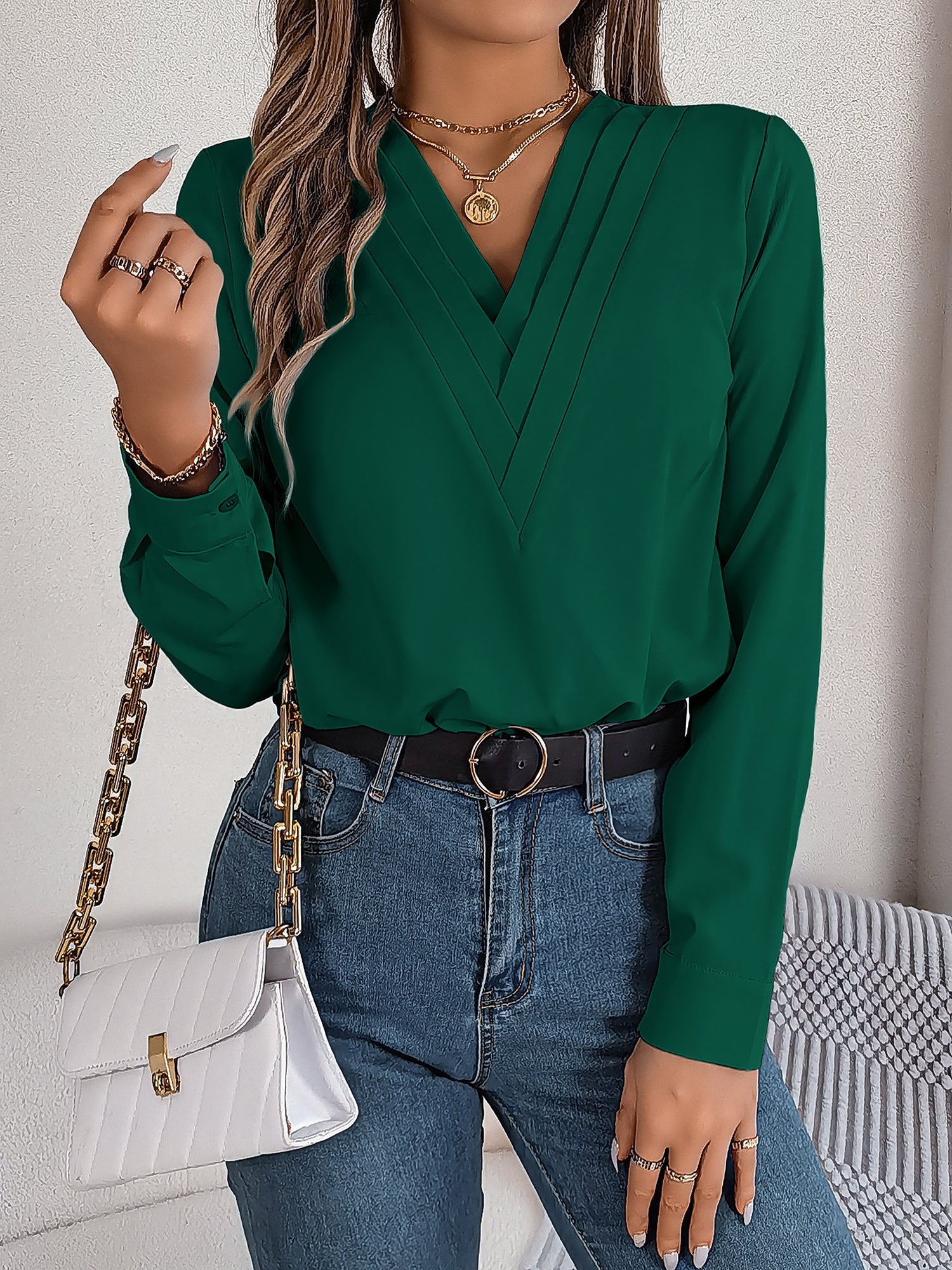 Women's V-Neck Long Sleeve Blouse - Double Layer Solid Business Casual