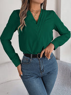 Women's V-Neck Long Sleeve Blouse - Double Layer Solid Business Casual