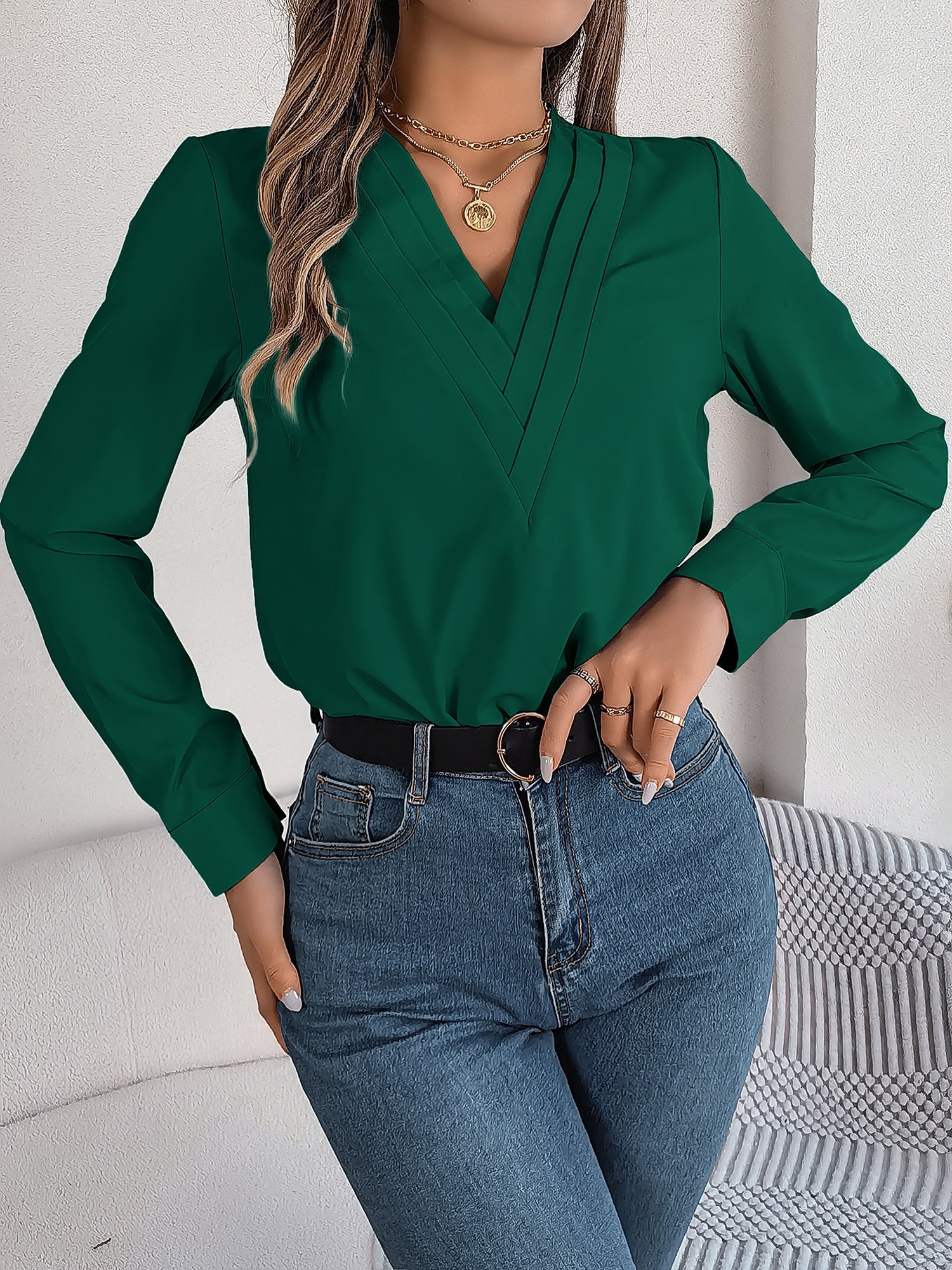 Women's V-Neck Long Sleeve Blouse - Double Layer Solid Business Casual