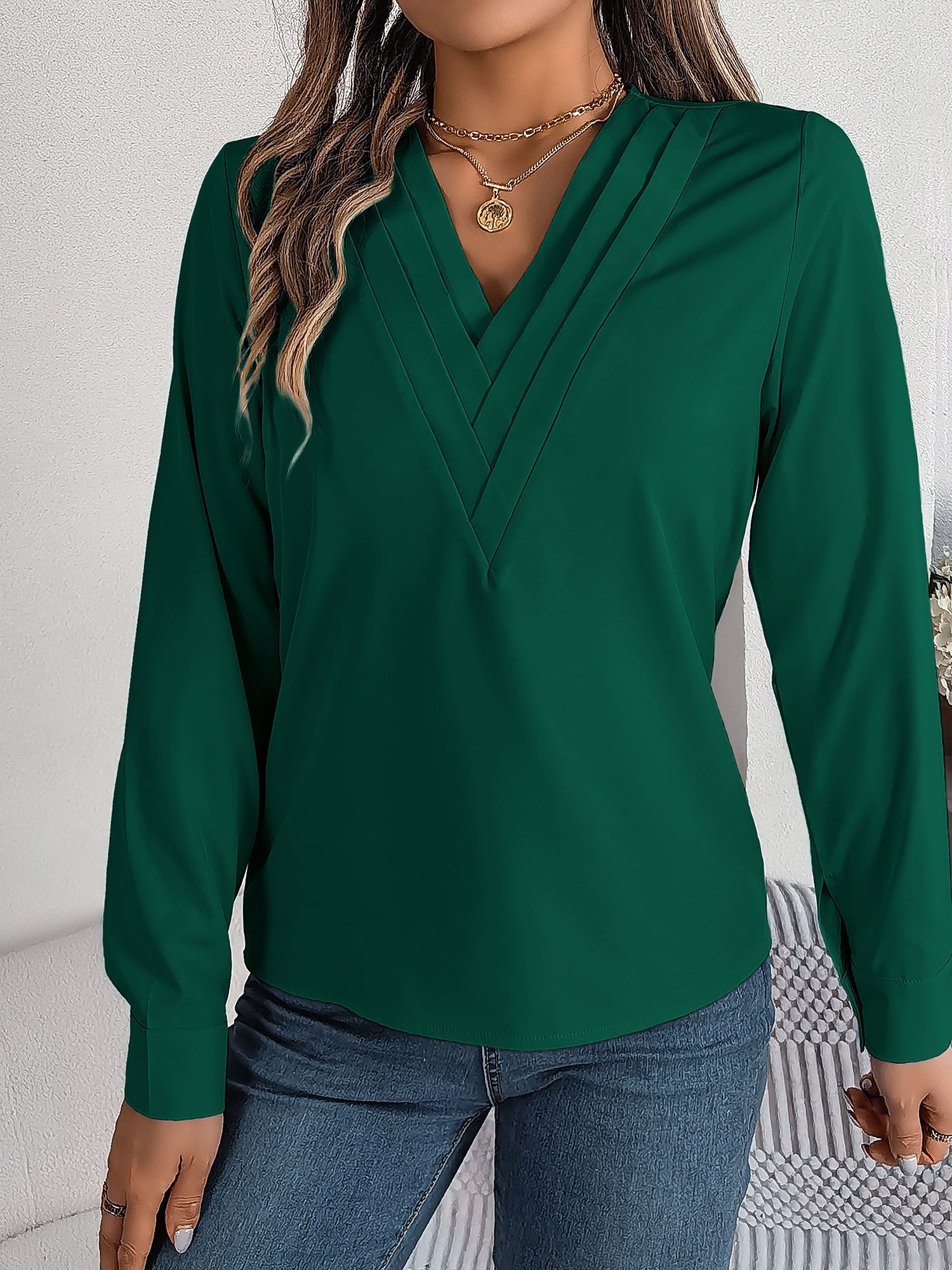 Women's V-Neck Long Sleeve Blouse - Double Layer Solid Business Casual