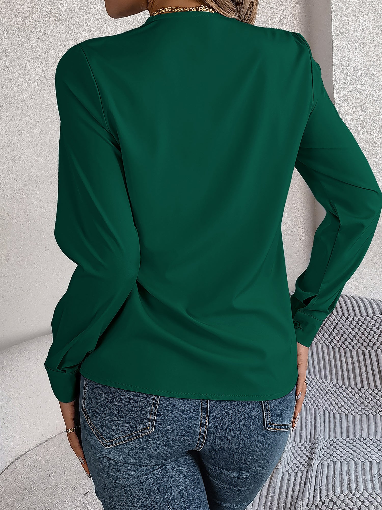 Women's V-Neck Long Sleeve Blouse - Double Layer Solid Business Casual