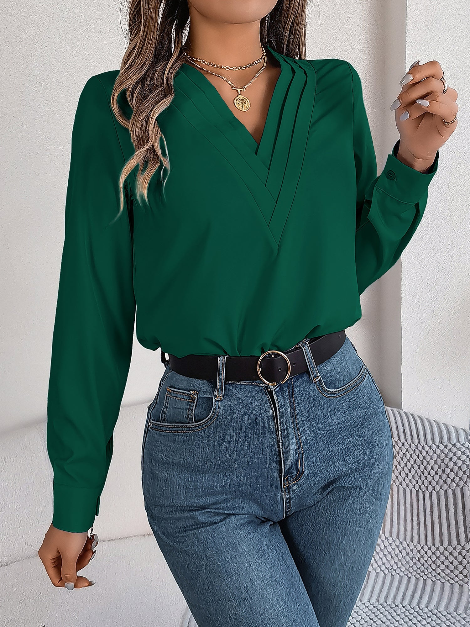 Women's V-Neck Long Sleeve Blouse - Double Layer Solid Business Casual