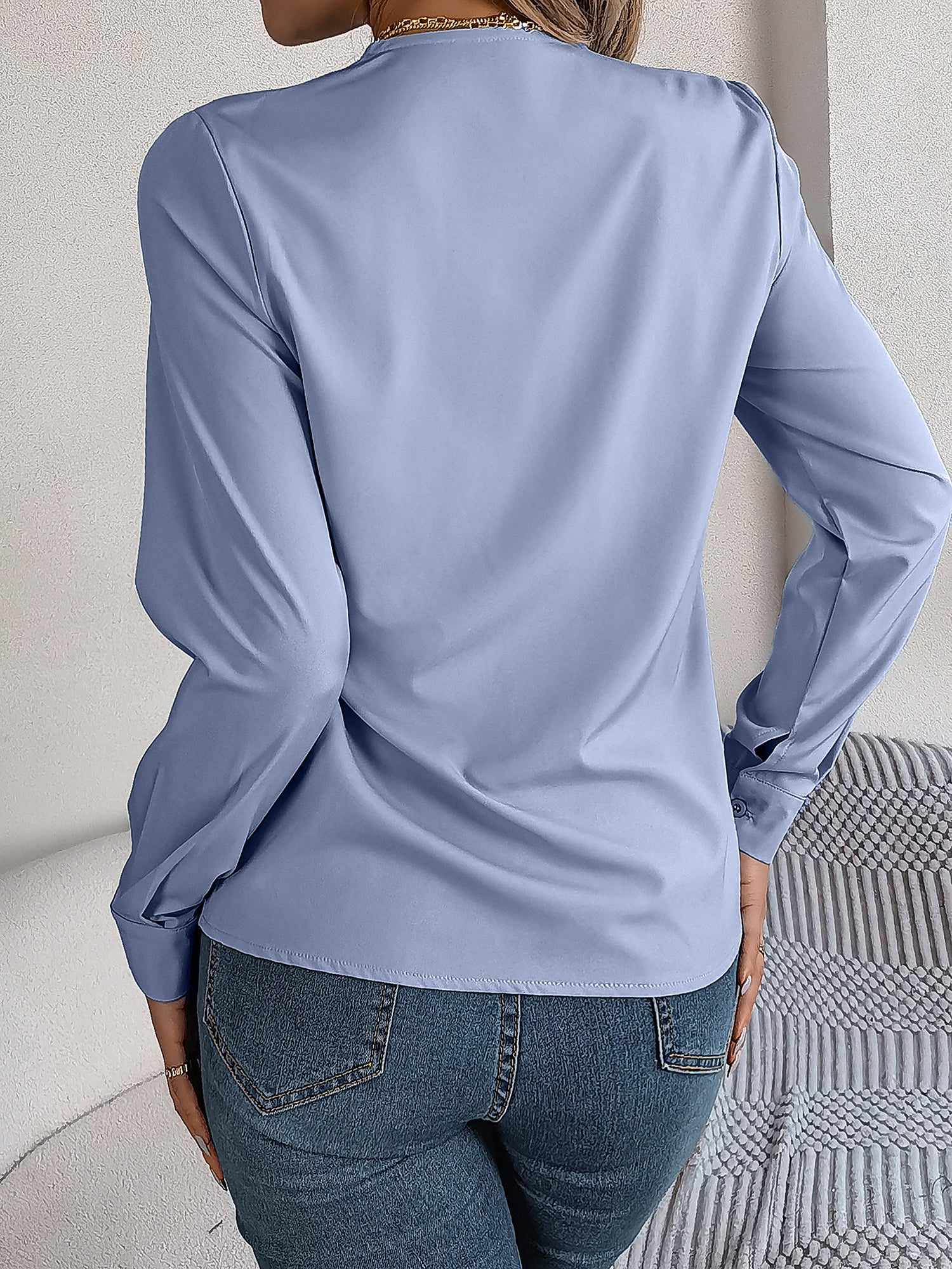 Women's V-Neck Long Sleeve Blouse - Double Layer Solid Business Casual