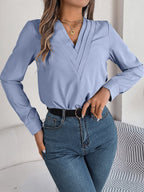 Women's V-Neck Long Sleeve Blouse - Double Layer Solid Business Casual