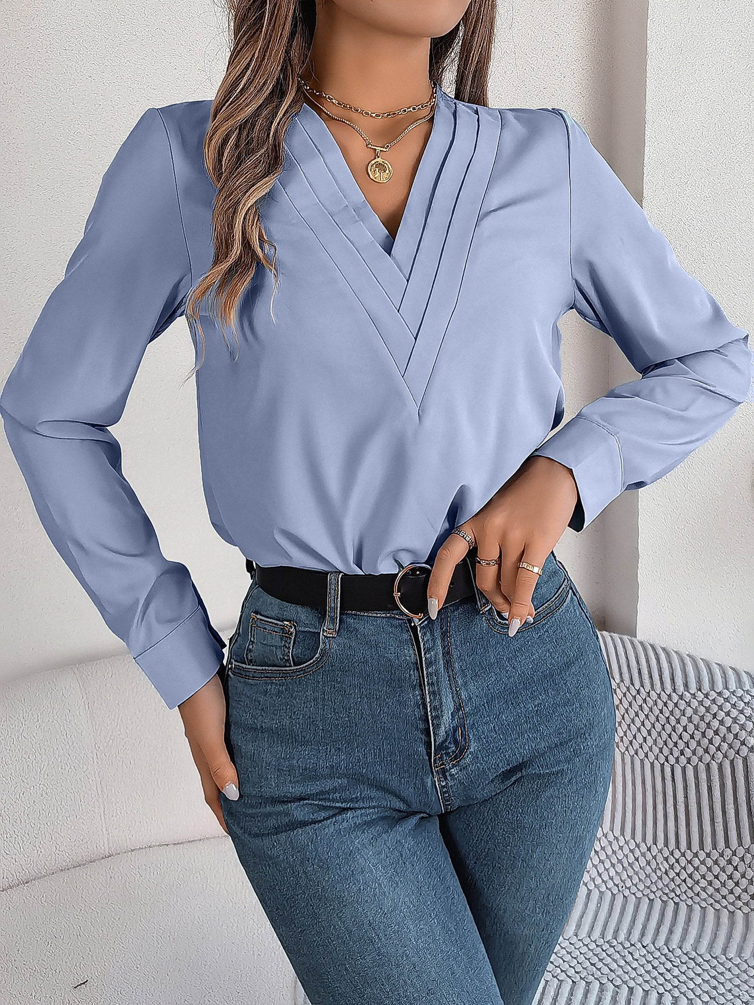 Women's V-Neck Long Sleeve Blouse - Double Layer Solid Business Casual