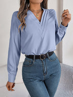 Women's V-Neck Long Sleeve Blouse - Double Layer Solid Business Casual