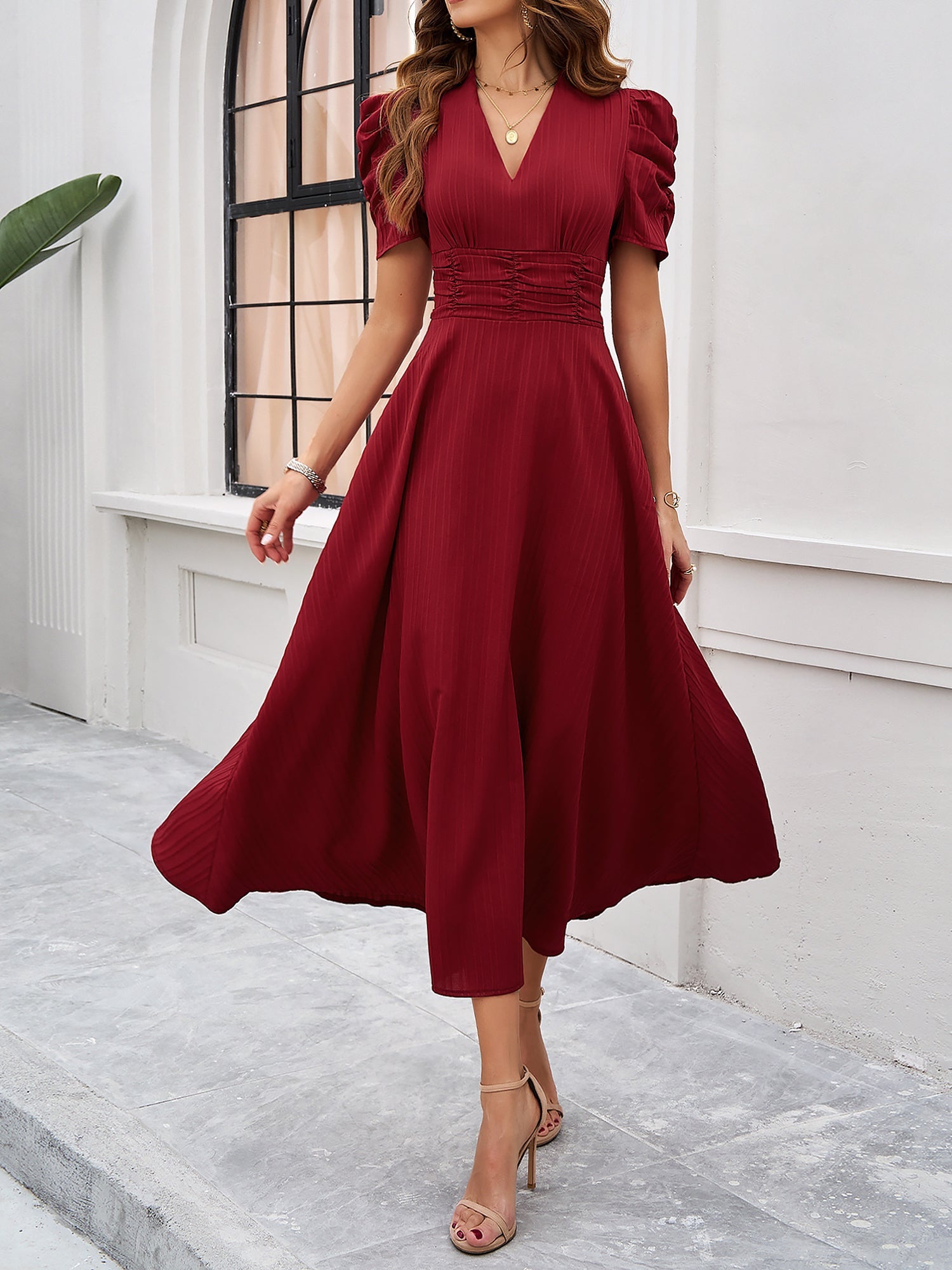 Women's Textured Puff Sleeve Midi Dress - Ruched A-Line Cinched Waist