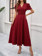 Women's Textured Puff Sleeve Midi Dress - Ruched A-Line Cinched Waist