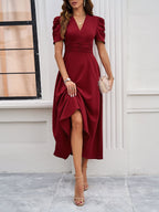 Women's Textured Puff Sleeve Midi Dress - Ruched A-Line Cinched Waist