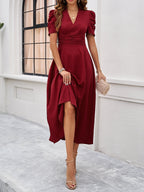 Women's Textured Puff Sleeve Midi Dress - Ruched A-Line Cinched Waist