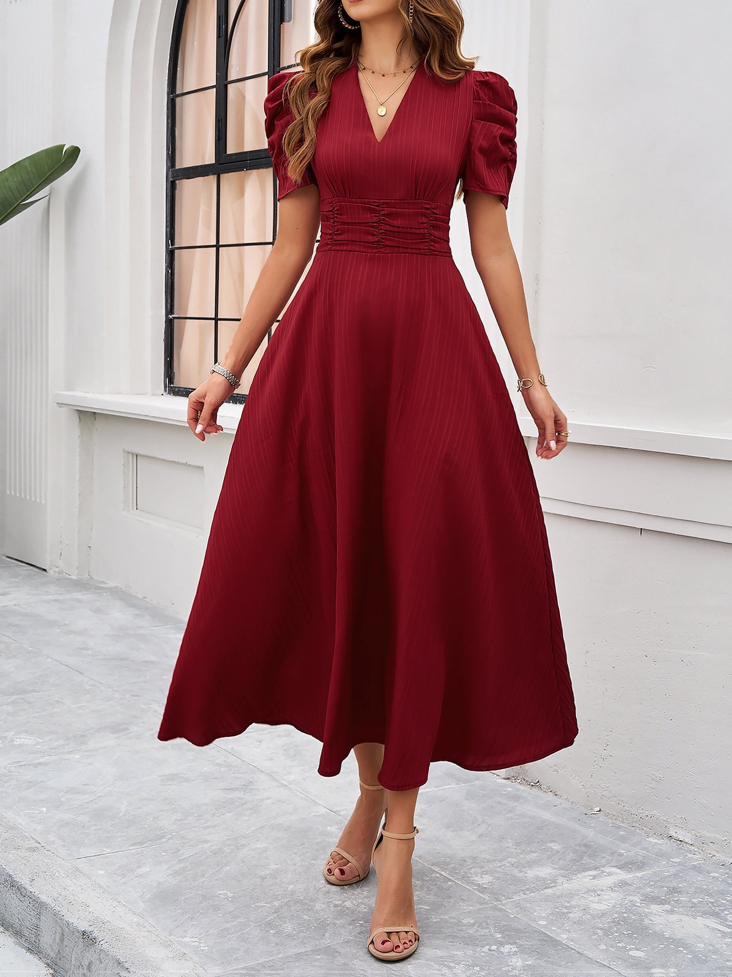 Women's Textured Puff Sleeve Midi Dress - Ruched A-Line Cinched Waist