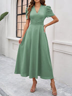 Women's Textured Puff Sleeve Midi Dress - Ruched A-Line Cinched Waist