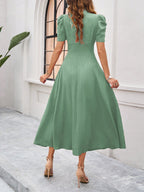 Women's Textured Puff Sleeve Midi Dress - Ruched A-Line Cinched Waist