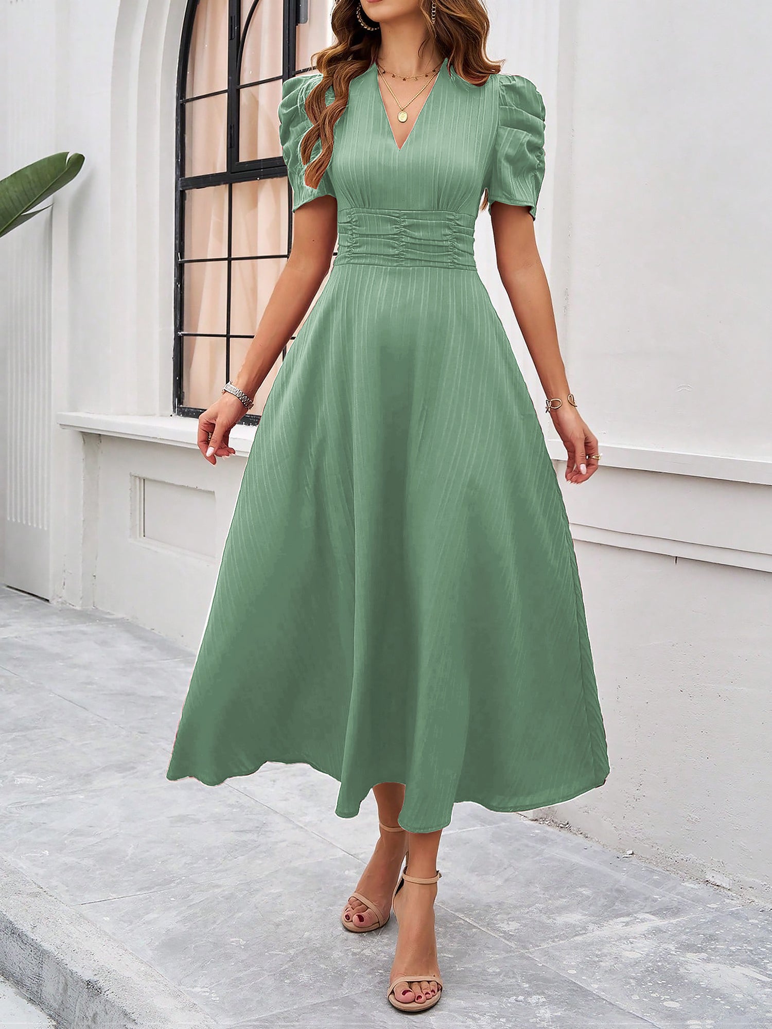 Women's Textured Puff Sleeve Midi Dress - Ruched A-Line Cinched Waist