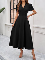 Women's Textured Puff Sleeve Midi Dress - Ruched A-Line Cinched Waist