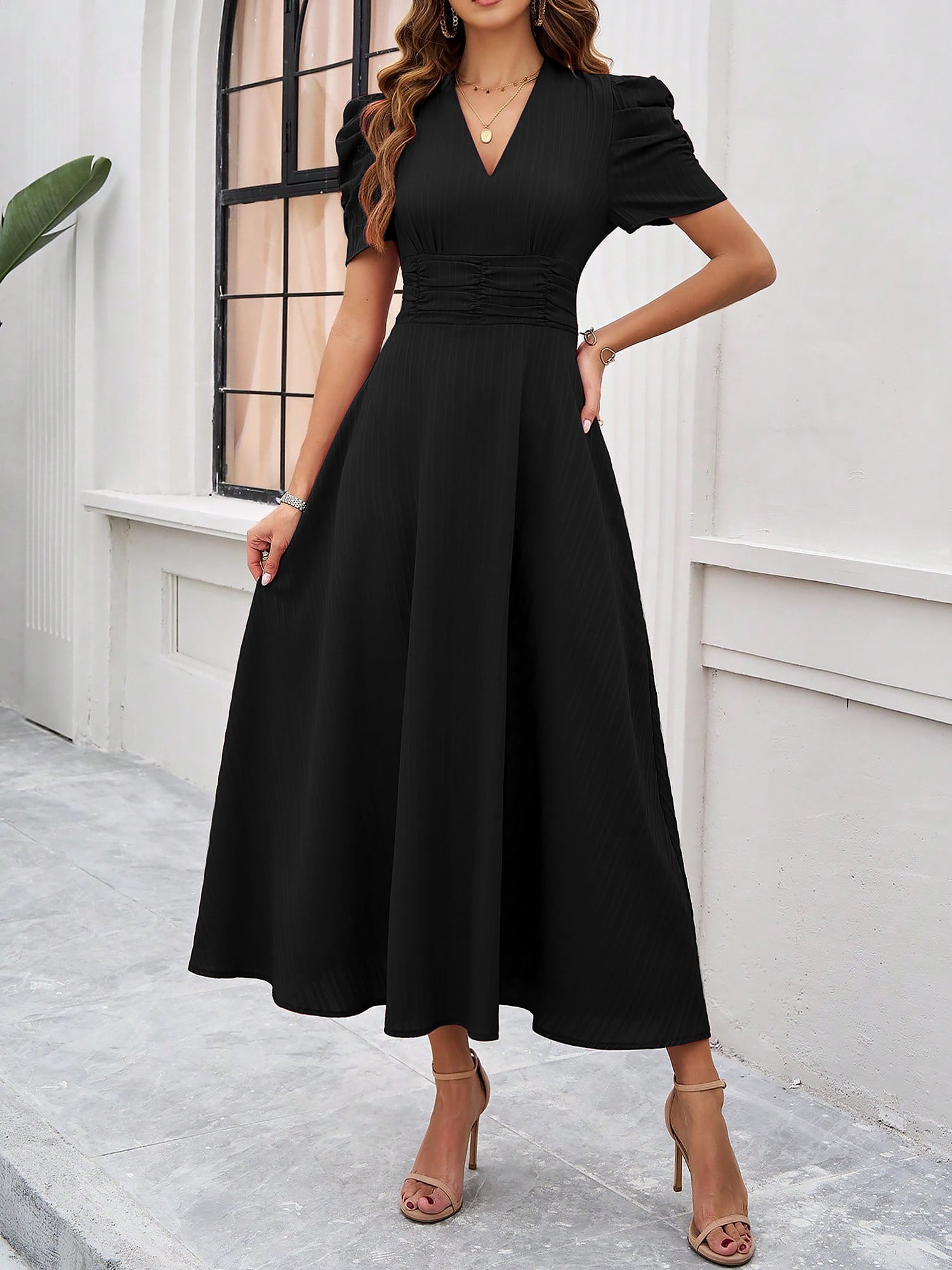 Women's Textured Puff Sleeve Midi Dress - Ruched A-Line Cinched Waist