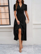 Women's Textured Puff Sleeve Midi Dress - Ruched A-Line Cinched Waist